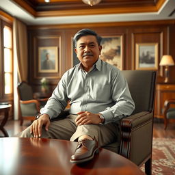A hyper-realistic 3D image of an Indonesian man in his 40s, portrayed as a director sitting comfortably in a nice chair with a large table in front of him