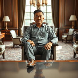 A hyper-realistic 3D image of an Indonesian man in his 40s, portrayed as a director sitting comfortably in a nice chair with a large table in front of him