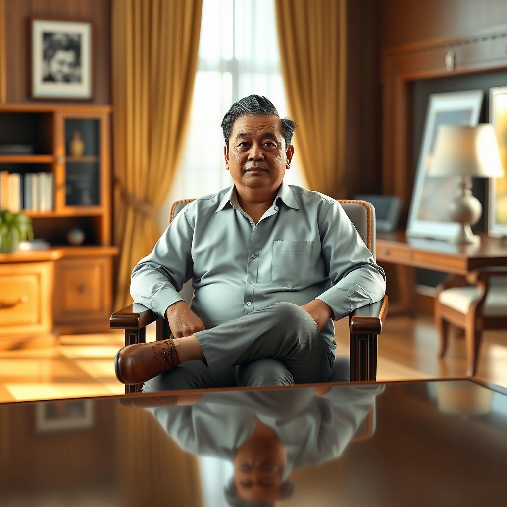 A hyper-realistic 3D image of an Indonesian man in his 40s, portrayed as a director sitting comfortably in a nice chair with a large table in front of him