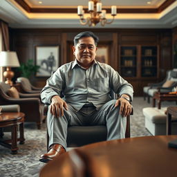 A hyper-realistic 3D image of an Indonesian man in his 40s, portrayed as a director sitting comfortably in a nice chair with a large table in front of him