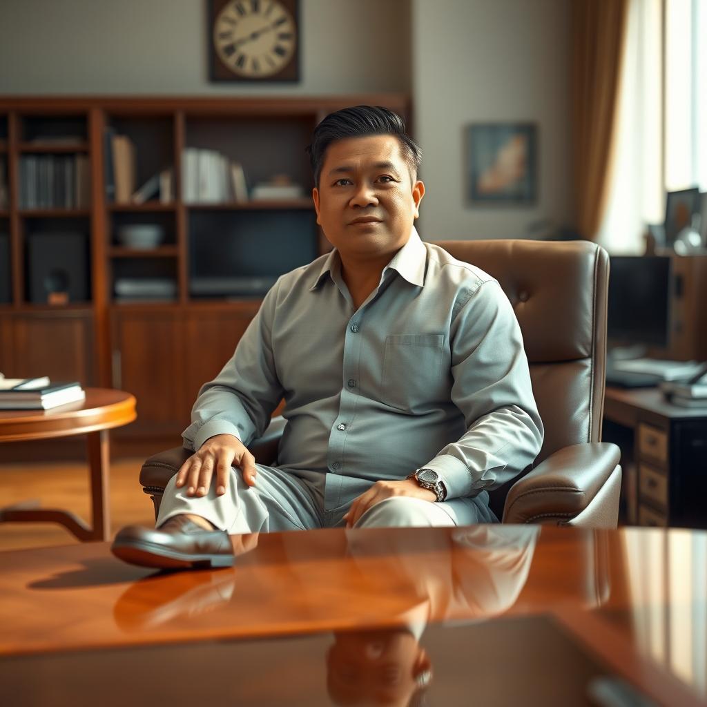 A hyper-realistic 3D image of an Indonesian man, portrayed as a director in his work environment