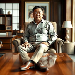 A hyper-realistic 3D image of an Indonesian man, portrayed as a director in his work environment