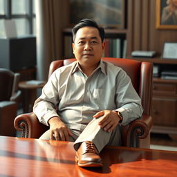 A hyper-realistic 3D image of an Indonesian man, portrayed as a director in his work environment