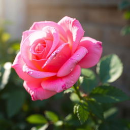 A beautiful pink rose in full bloom, showcasing its vibrant petals with delicate dew droplets glistening on the surface