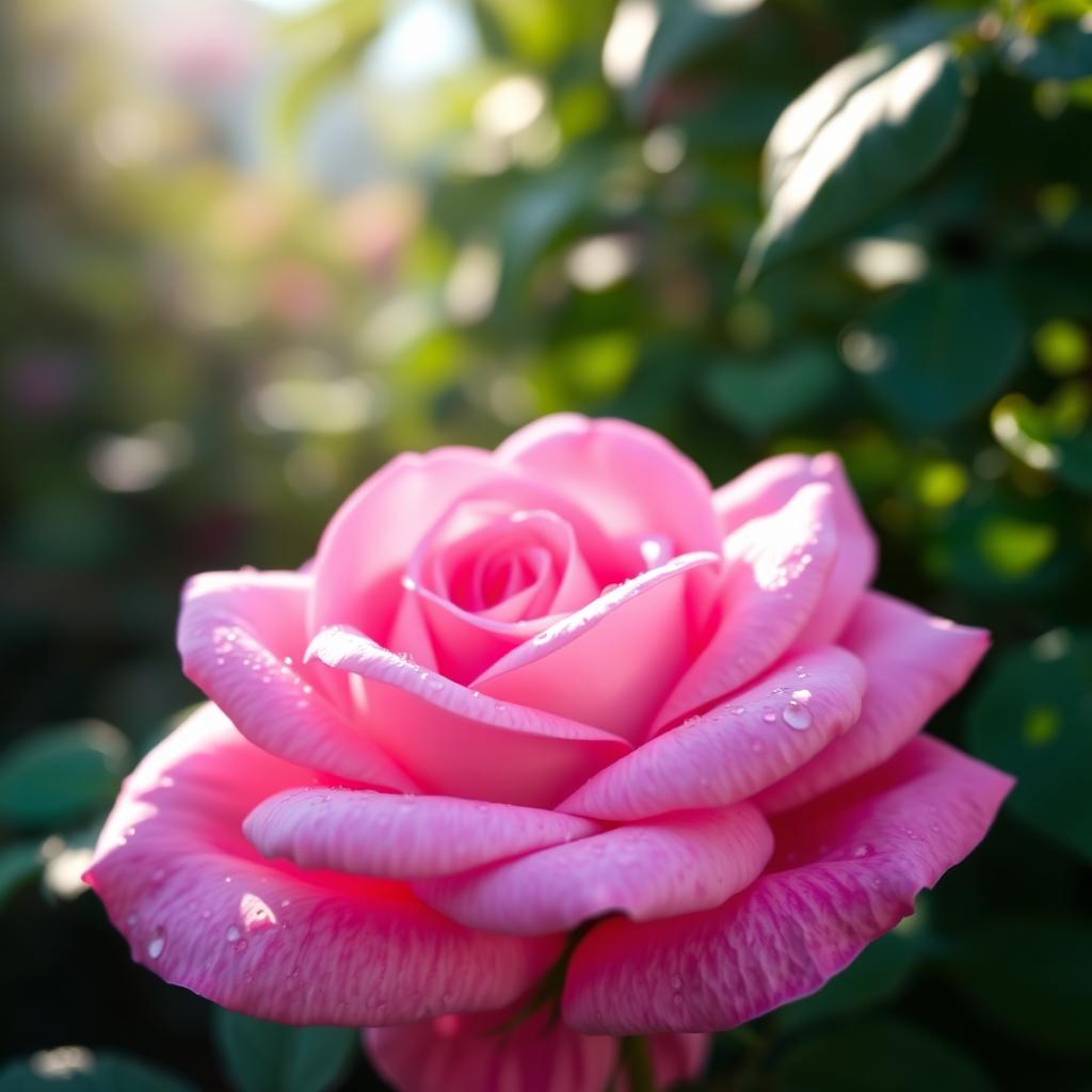 A beautiful pink rose in full bloom, showcasing its vibrant petals with delicate dew droplets glistening on the surface