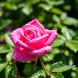 A beautiful pink rose in full bloom, showcasing its vibrant petals with delicate dew droplets glistening on the surface