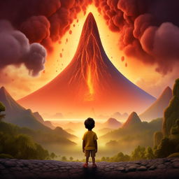 A Disney Pixar style movie poster featuring a melanuasian toddler looking in awe at a towering, active volcano. The movie title, 'Tales of Manaro', is proudly displayed.