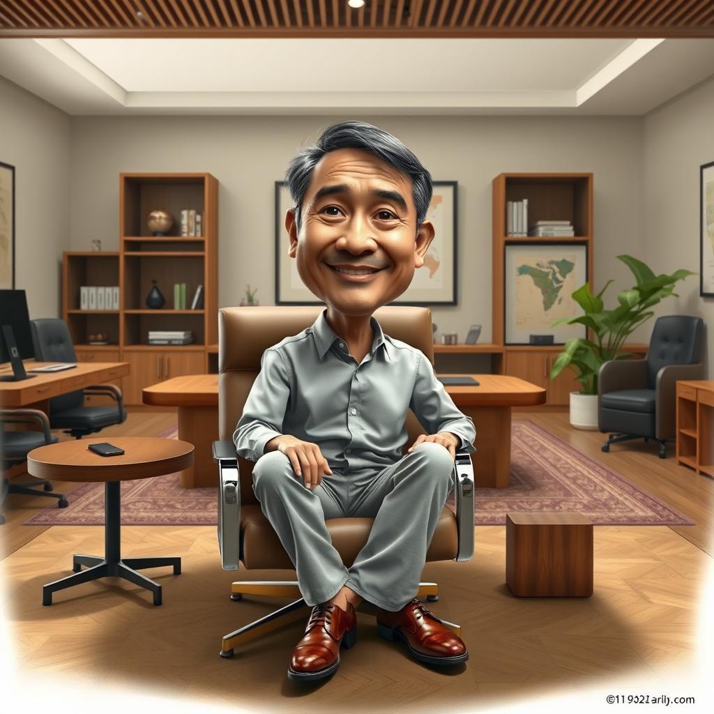 A hyper-realistic 3D caricature drawing of an Indonesian man, depicted as a director sitting comfortably in a nice chair with a large table in front of him