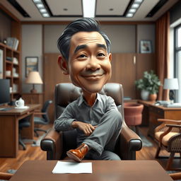 A hyper-realistic 3D caricature drawing of an Indonesian man, depicted as a director sitting comfortably in a nice chair with a large table in front of him
