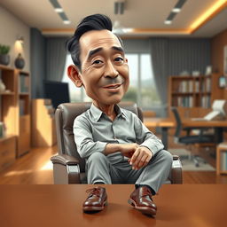 A hyper-realistic 3D caricature drawing of an Indonesian man, depicted as a director sitting comfortably in a nice chair with a large table in front of him