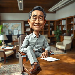 A hyper-realistic 3D caricature drawing of an Indonesian man, depicted as a director sitting comfortably in a nice chair with a large table in front of him