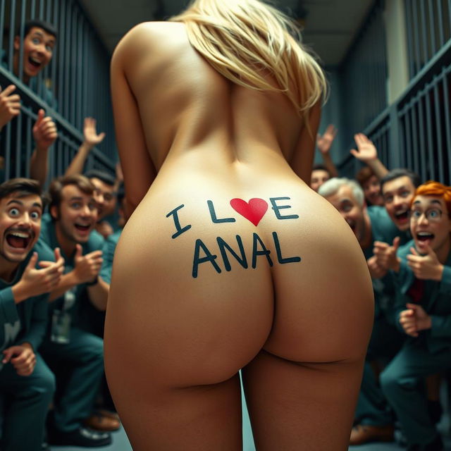 A close-up image of a blonde woman with naked round and sexy buttocks as she bends over, prominently displaying a cheeky "I LOVE ANAL" sign tattoo on her backside