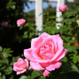 A beautiful pink rose in full bloom, showcasing delicate petals with varying shades of pink, surrounded by lush green leaves