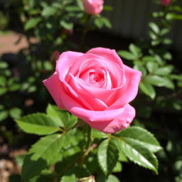 A beautiful pink rose in full bloom, showcasing delicate petals with varying shades of pink, surrounded by lush green leaves