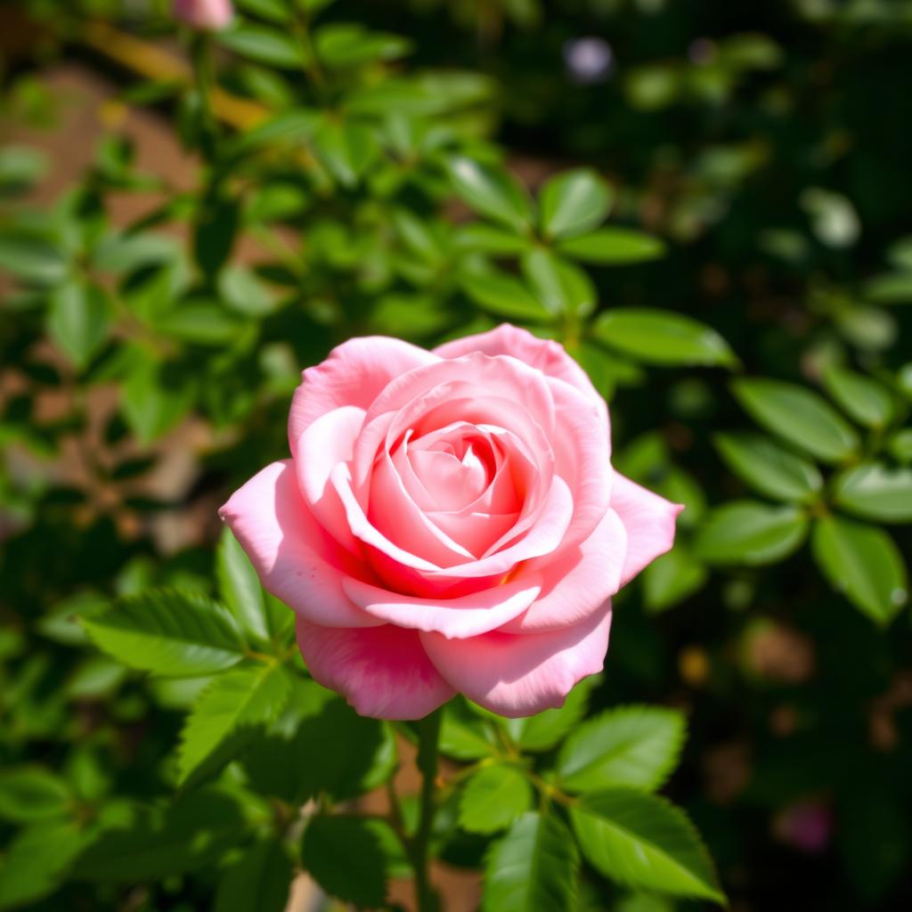 A beautiful pink rose in full bloom, showcasing delicate petals with varying shades of pink, surrounded by lush green leaves