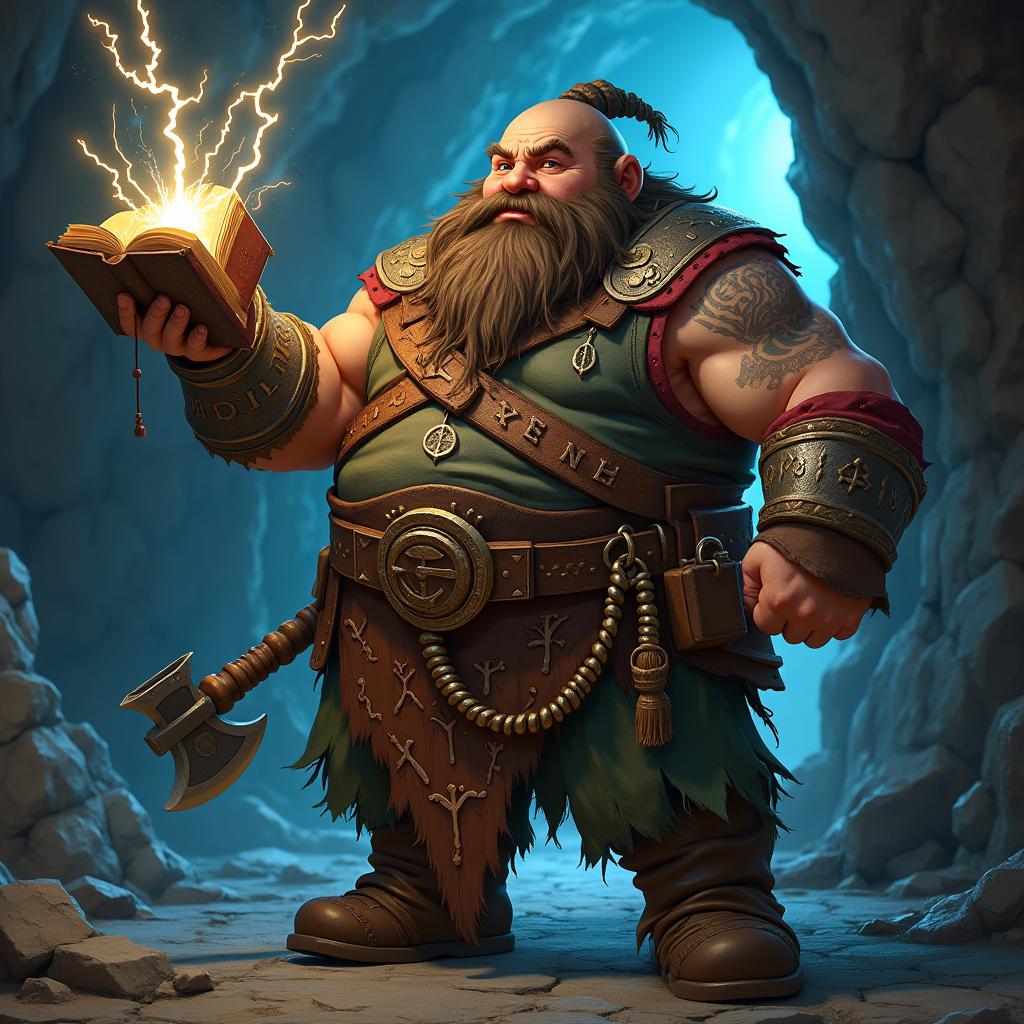 A stocky dwarf character in a Dungeons & Dragons style, standing confidently