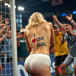 A close-up image of a blonde female soccer goalkeeper with naked round and sexy buttocks as she bends over in the goal, prominently displaying a playful "I LOVE ANAL" sign tattoo on her backside