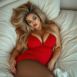 A serene scene of a thick, curvy young woman with very thick, long, messy dirty blonde hair, peacefully sleeping in a cozy, luxurious bed