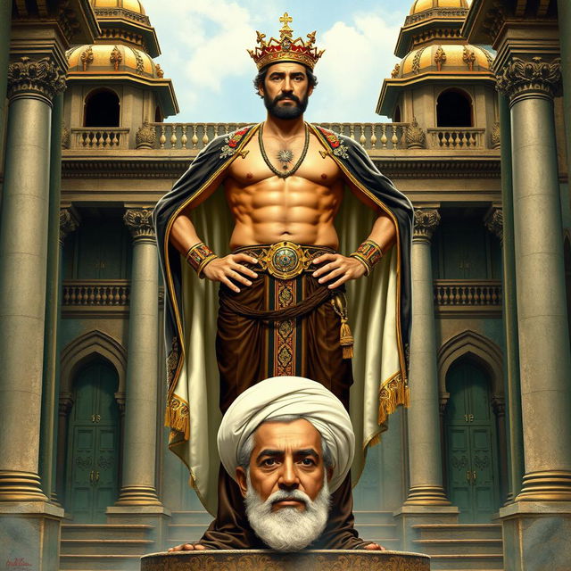 A powerful and symbolic depiction of the King of Iran in 1977, confidently standing with a toned six-pack, showcasing strength and authority