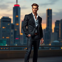 A sleek, powerful sigma male character standing confidently in a modern urban environment