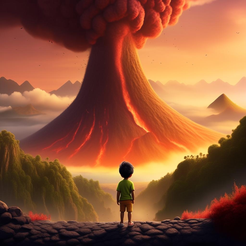 A Disney Pixar style movie poster featuring a melanuasian toddler looking in awe at a towering, active volcano. The movie title, 'Tales of Manaro', is proudly displayed.