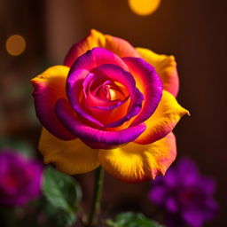 A vibrant deep violet rose with striking yellow undertones, showcasing its intricate petal details and rich color variation