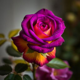 A vibrant deep violet rose with striking yellow undertones, showcasing its intricate petal details and rich color variation