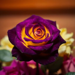 A vibrant deep violet rose with striking yellow undertones, showcasing its intricate petal details and rich color variation