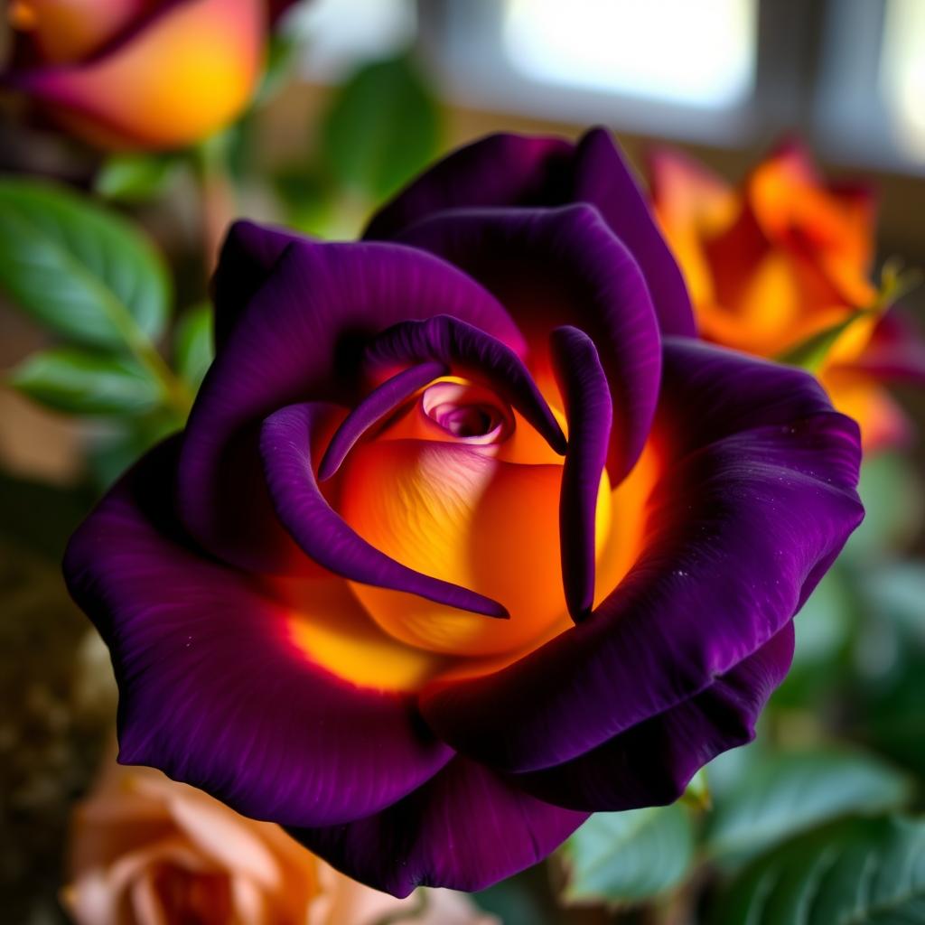 A vibrant deep violet rose with striking yellow undertones, showcasing its intricate petal details and rich color variation