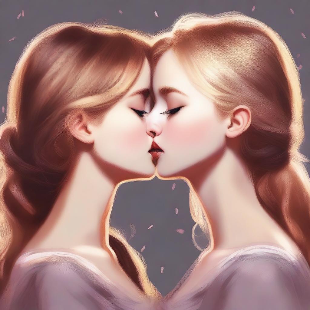 A high-resolution digital painting portraying a romantic scene between a brown-haired girl and a blonde girl