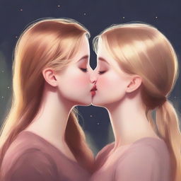 A high-resolution digital painting portraying a romantic scene between a brown-haired girl and a blonde girl