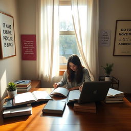 A serene and inspiring scene of a person engaging in self-improvement activities in a cozy indoor environment