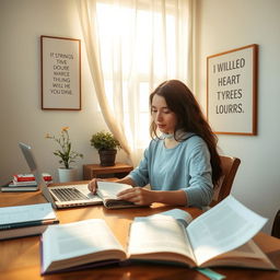 A serene and inspiring scene of a person engaging in self-improvement activities in a cozy indoor environment