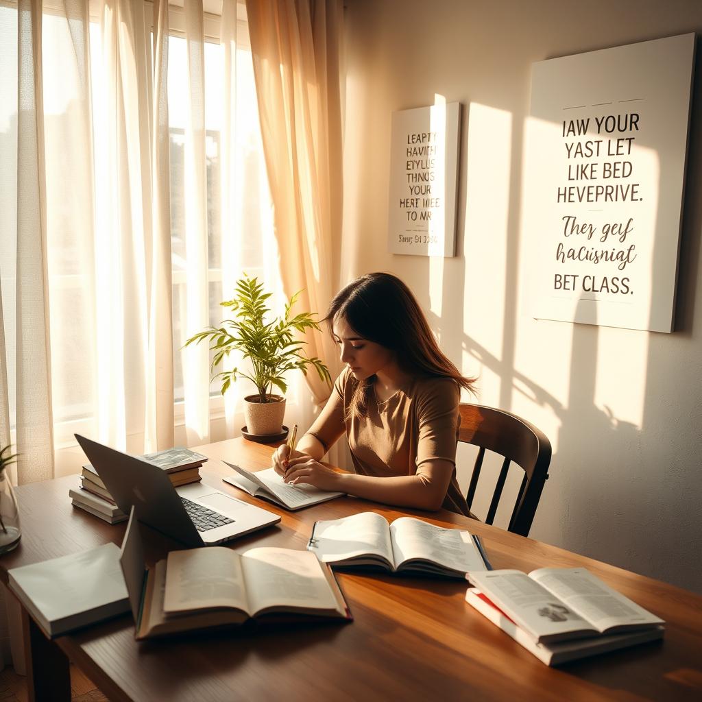 A serene and inspiring scene of a person engaging in self-improvement activities in a cozy indoor environment