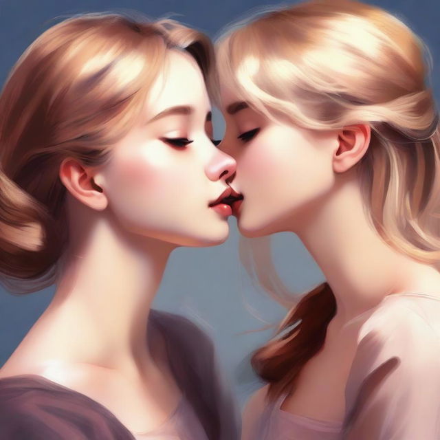 A high-resolution digital painting portraying a romantic scene between a brown-haired girl and a blonde girl