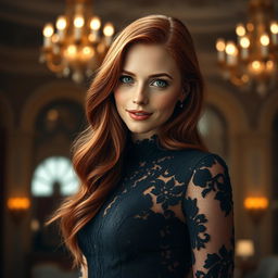 A stunningly detailed portrait of a striking young woman with long, flowing red hair cascading down her shoulders, wearing an elegant black lace dress adorned with intricate floral patterns