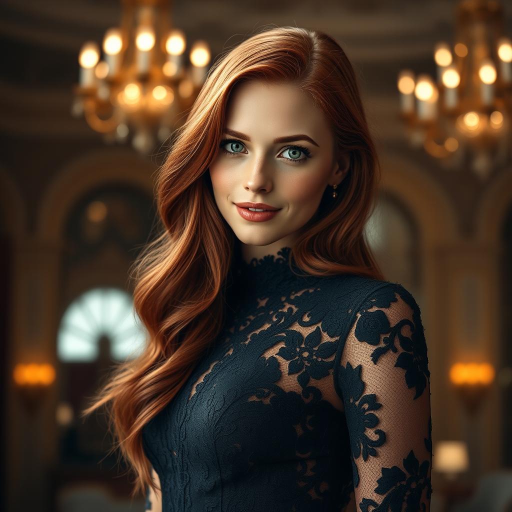 A stunningly detailed portrait of a striking young woman with long, flowing red hair cascading down her shoulders, wearing an elegant black lace dress adorned with intricate floral patterns
