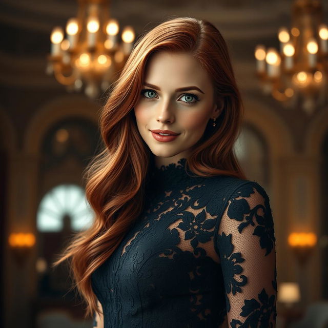 A stunningly detailed portrait of a striking young woman with long, flowing red hair cascading down her shoulders, wearing an elegant black lace dress adorned with intricate floral patterns