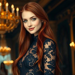 A stunningly detailed portrait of a striking young woman with long, flowing red hair cascading down her shoulders, wearing an elegant black lace dress adorned with intricate floral patterns
