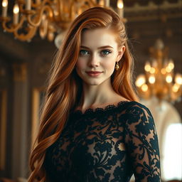 A stunningly detailed portrait of a striking young woman with long, flowing red hair cascading down her shoulders, wearing an elegant black lace dress adorned with intricate floral patterns