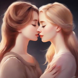 A high-resolution digital painting portraying a romantic scene between a brown-haired girl and a blonde girl