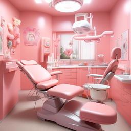 A dental treatment room designed with a feminine touch, featuring pastel colors, a patient chair with soft pink upholstery, cute dental themed decorations on walls, and a friendly atmosphere.