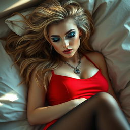 A captivating scene of a young woman with curvy features awakening from a deep slumber