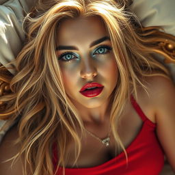 A mesmerizing scene of a young woman with curvy features awakening as she opens her eyes