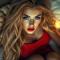 A mesmerizing scene of a young woman with curvy features awakening as she opens her eyes
