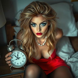 A striking image of an 18-year-old beautiful young woman with very thick, long, messy dirty blonde hair, waking up and looking startled as she glances at the clock on the nightstand, which reads 7:30