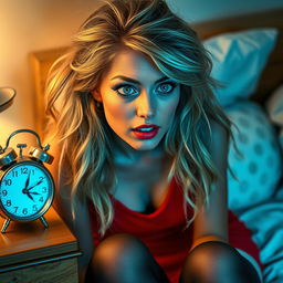 A striking image of an 18-year-old beautiful young woman with very thick, long, messy dirty blonde hair, waking up and looking startled as she glances at the clock on the nightstand, which reads 7:30