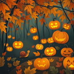 A whimsical, autumn scene featuring a small snail exploring a vibrant garden filled with various jack-o'-lanterns glowing softly