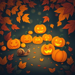 A whimsical, autumn scene featuring a small snail exploring a vibrant garden filled with various jack-o'-lanterns glowing softly