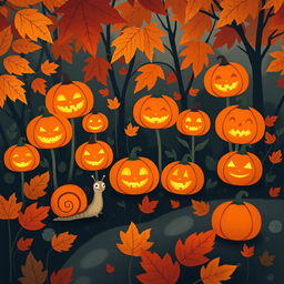 A whimsical, autumn scene featuring a small snail exploring a vibrant garden filled with various jack-o'-lanterns glowing softly